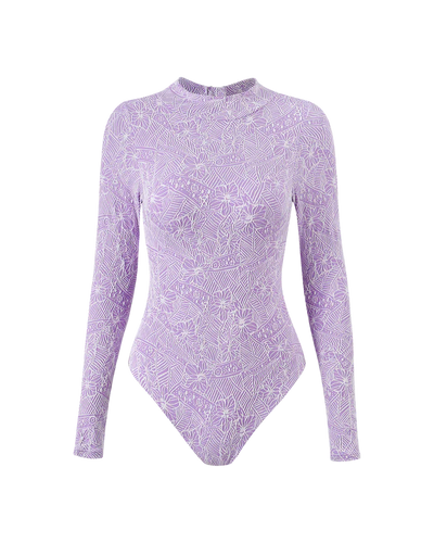 Waves Swimwear - Lavender Knitted Floral Long Sleeve One Piece