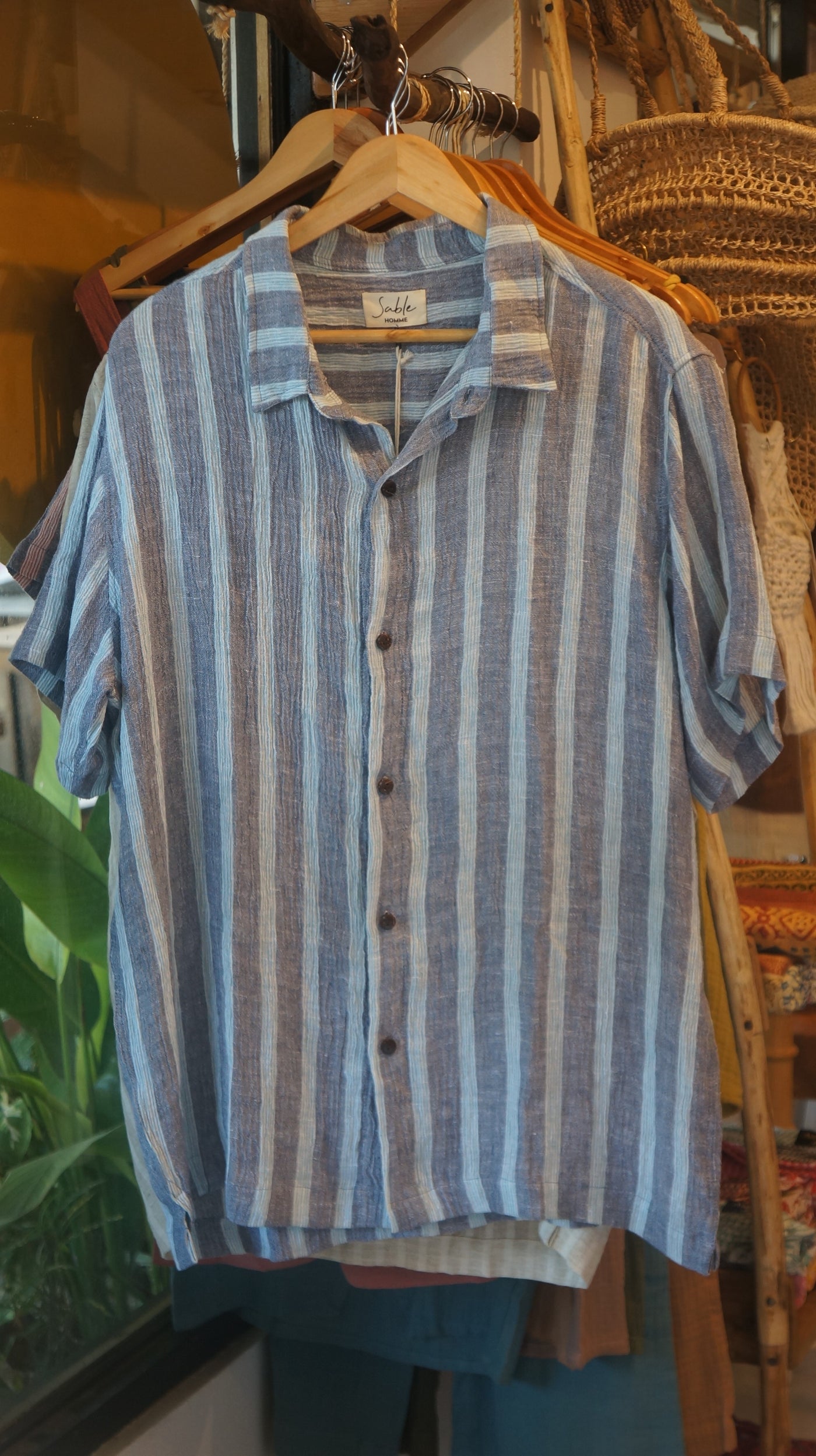 Leo Linen Shirt for Men - Blue & Green Stripes