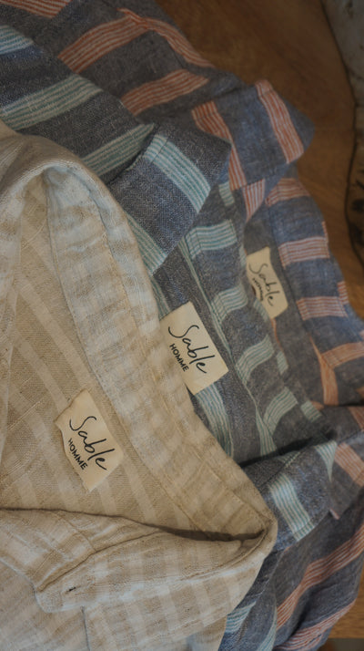 Leo Linen Shirt for Men - Blue & Rust Stripes