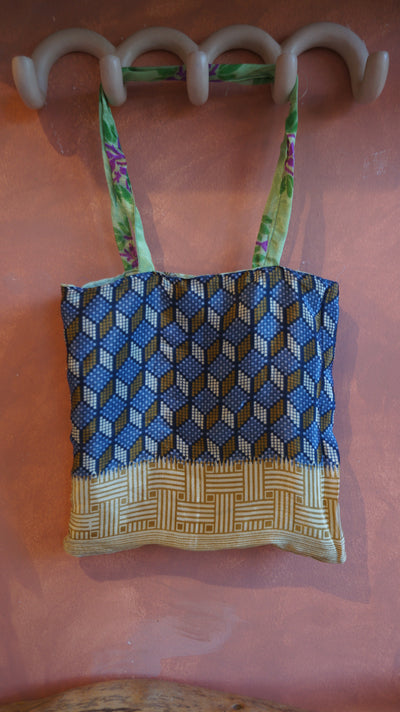 Chiquito Silk Bag - Beige and Blue Square Pattern (CH2413)