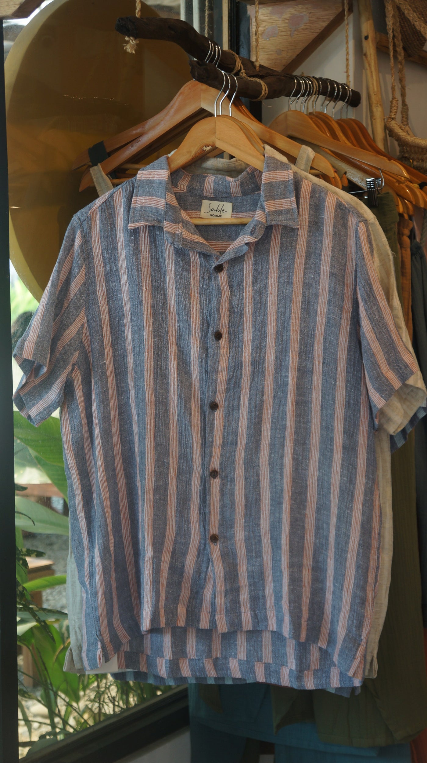 Leo Linen Shirt for Men - Blue & Rust Stripes