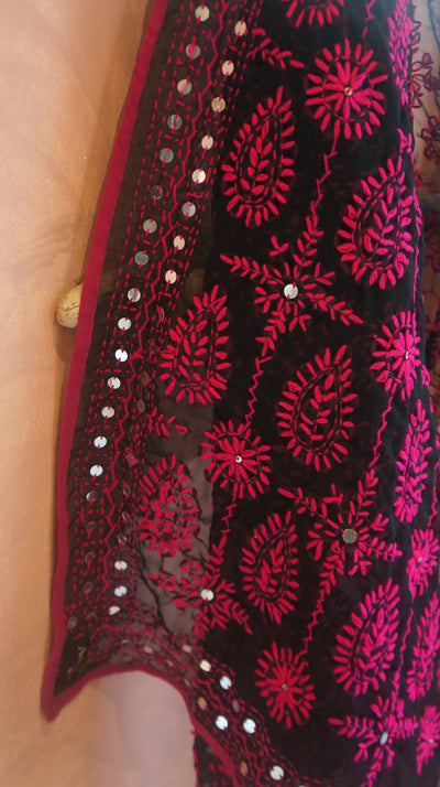 Embroidered Pareo - Black & Pink drops (AP119)