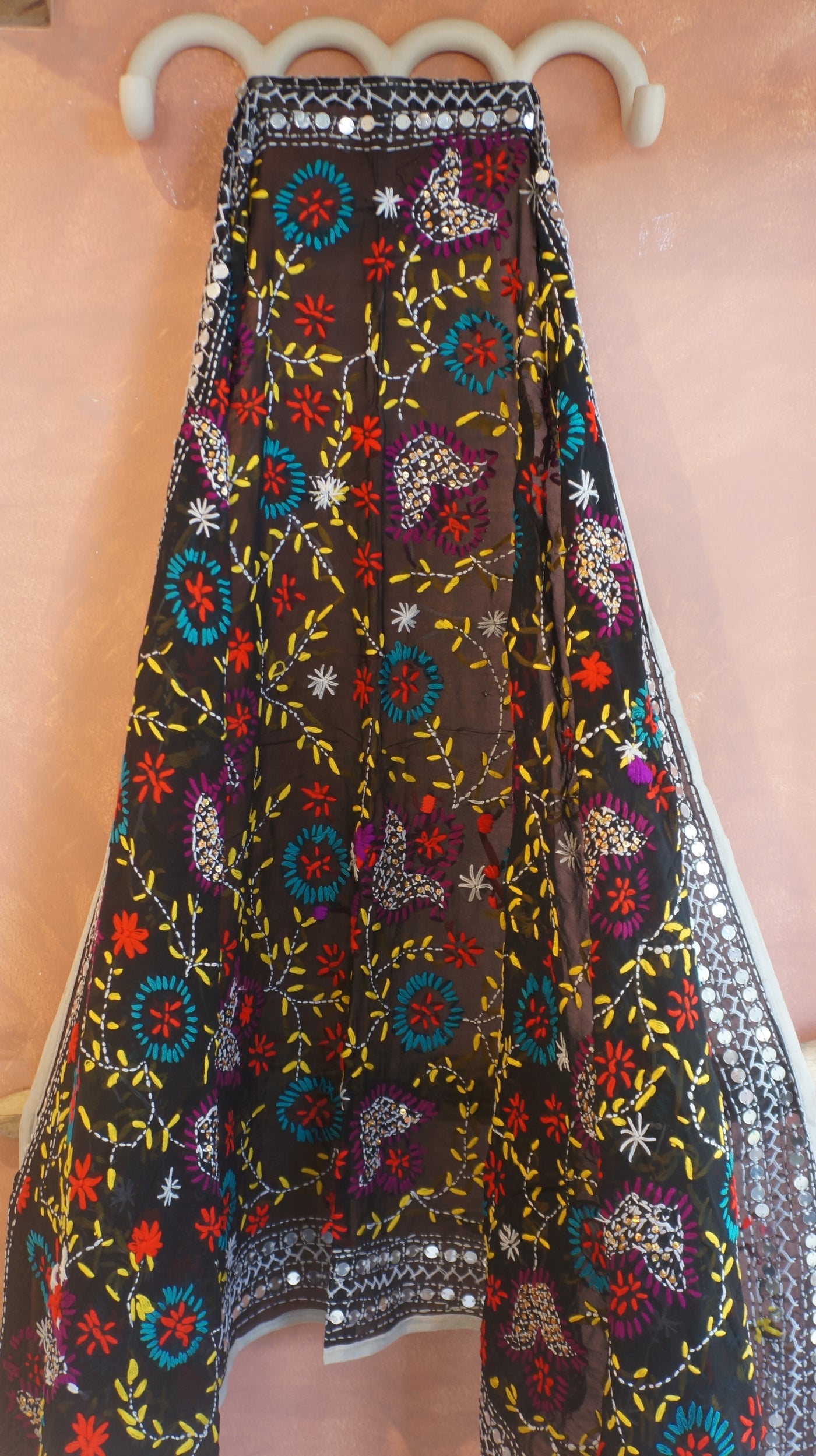 Embroidered Pareo - Black, Violet & Yellow flowers (AP122)