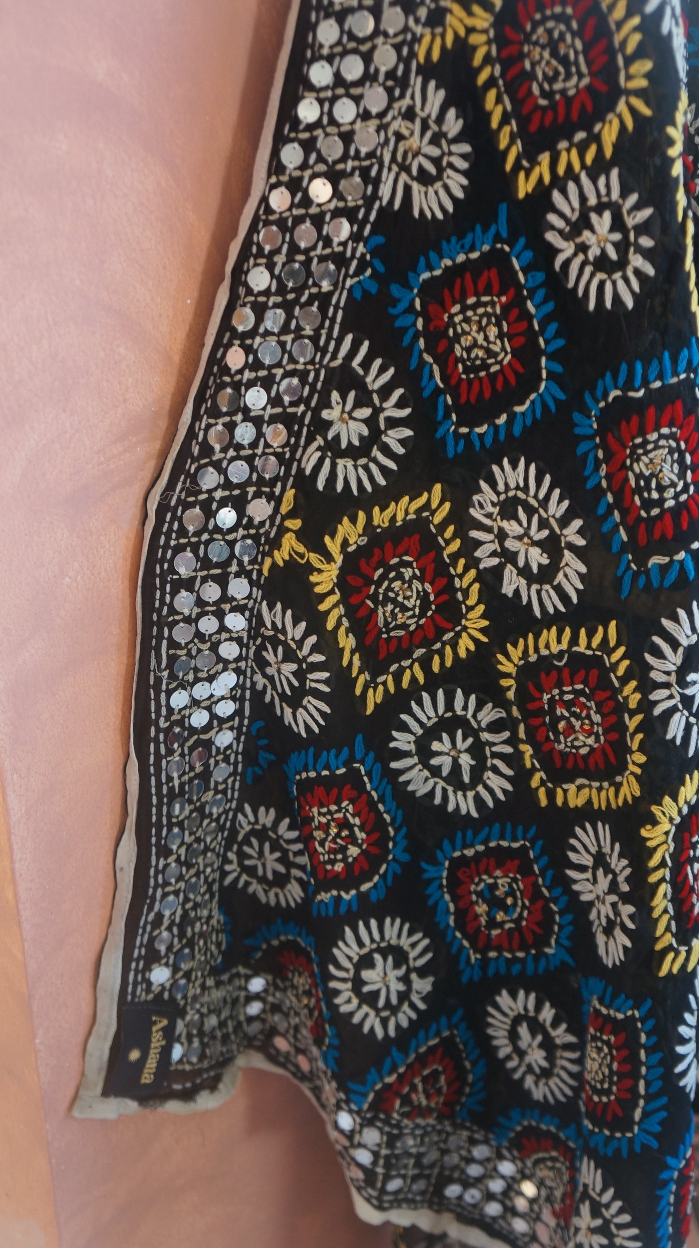 Embroidered Pareo - Black, Yellow & Blue patterns (AP136)
