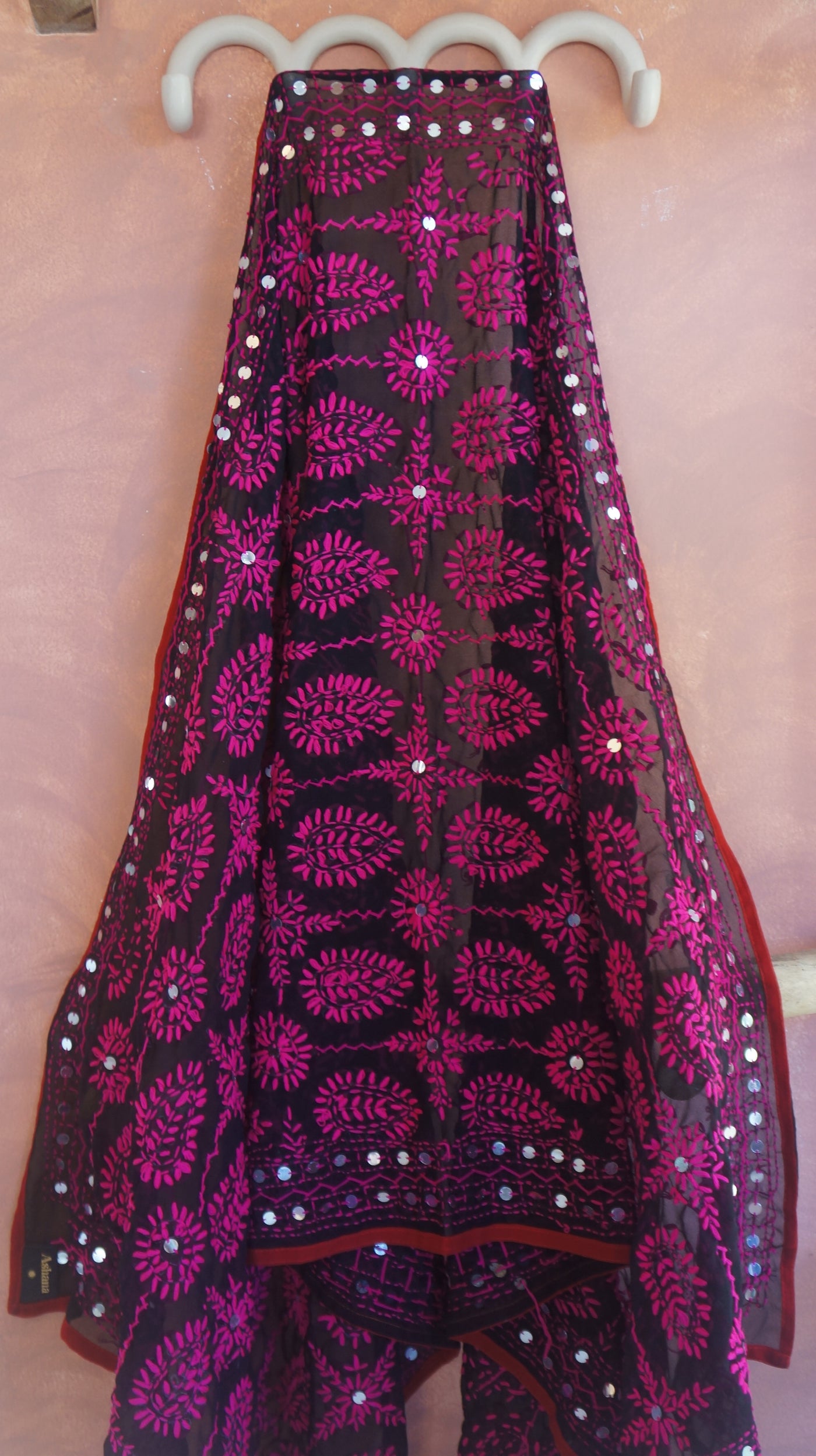 Embroidered Pareo - Black & Pink pattern (AP139)