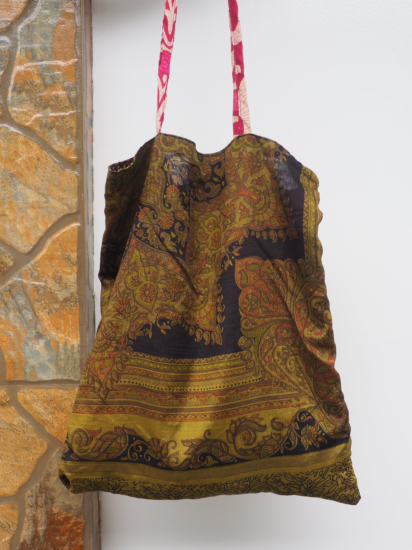 Big Reversible Silk Bag - Vintage Gold & Red