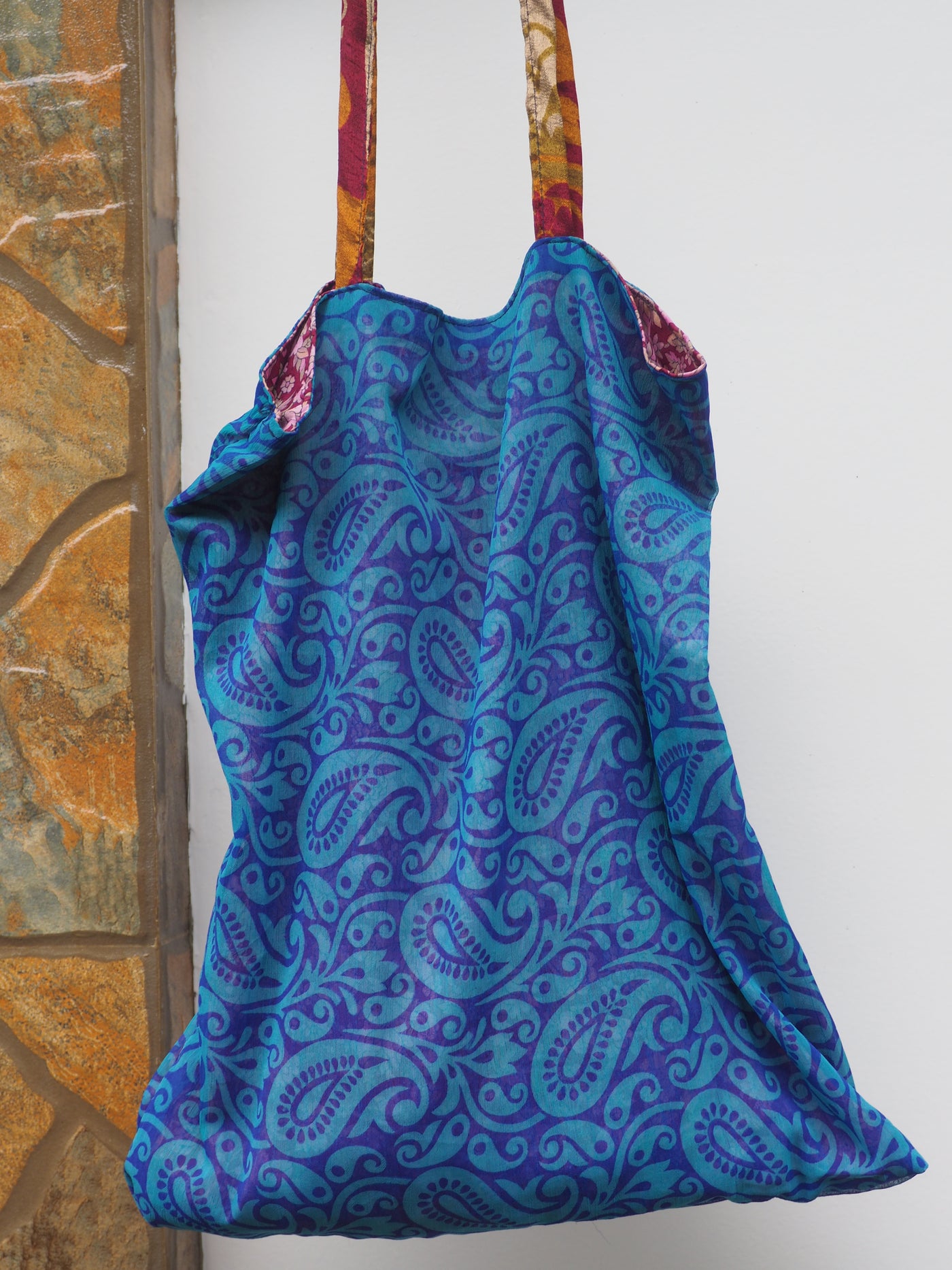 Big Reversible Silk Bag - Blue & Pink