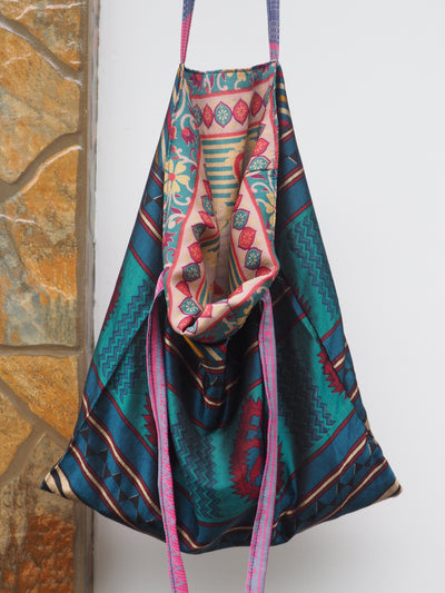 Big Reversible Silk Bag - Vintage Metallic Blue & Pink