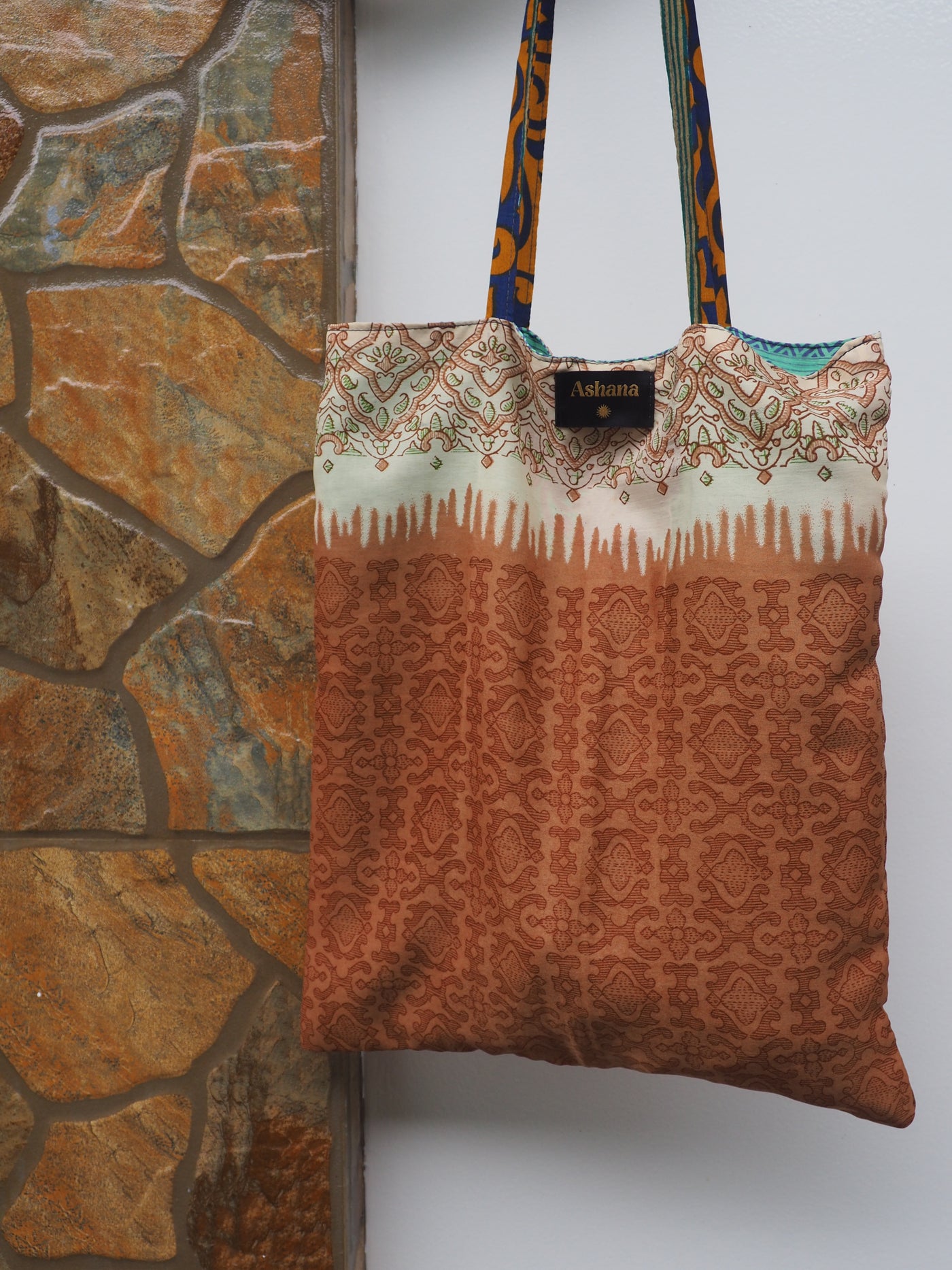 Big Reversible Silk Bag - Brown & Mint