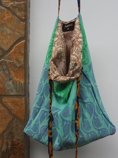 Big Reversible Silk Bag - Brown & Mint