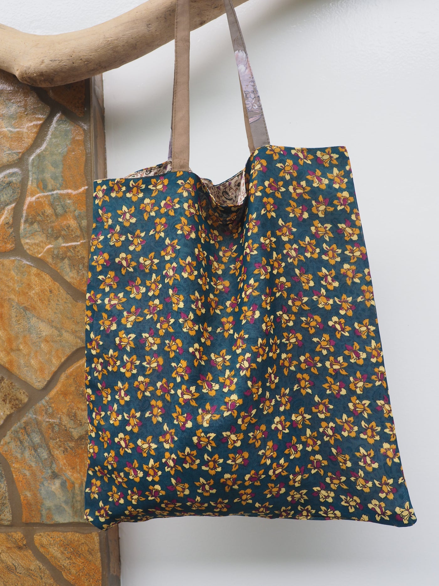 Big Reversible Silk Bag - Beige & Forest Green