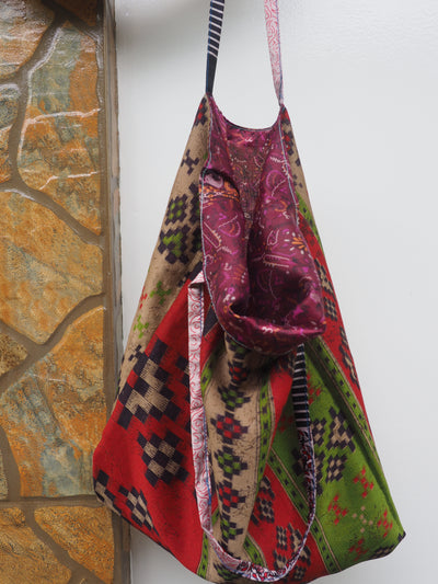 Big Reversible Silk Bag - Red, Green & Purple