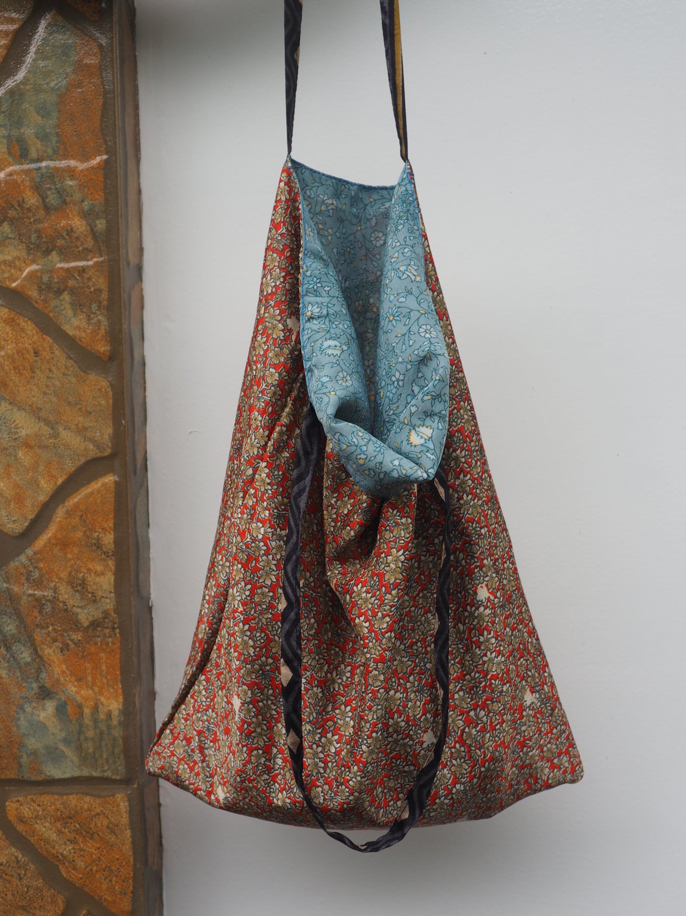 Small Reversible Silk Bag - Sky Blue & Red