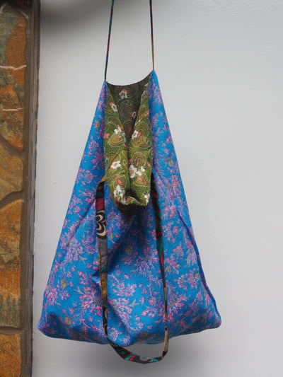 Small Reversible Silk Bag - Green & Blue