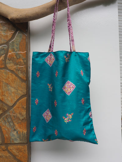 Small Reversible Silk Bag - Turquoise & Lilac