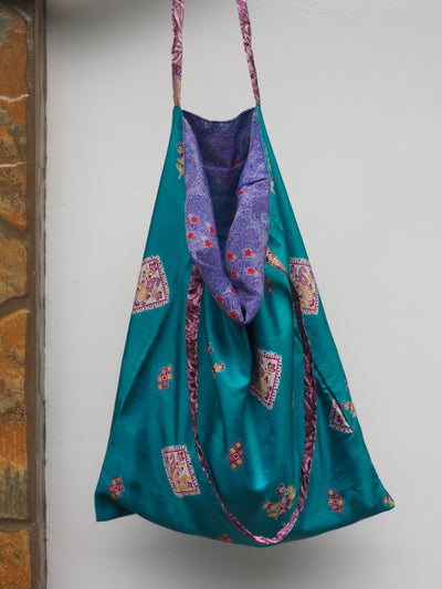 Small Reversible Silk Bag - Turquoise & Lilac