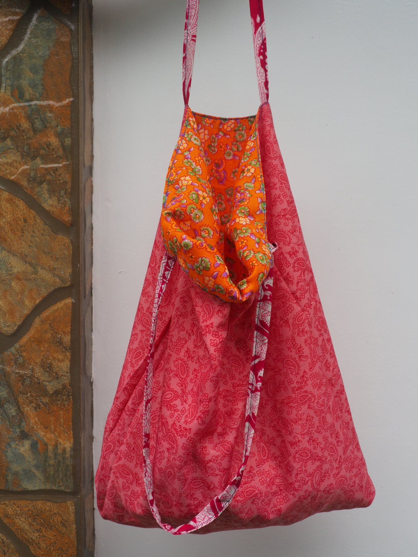 Small Reversible Silk Bag - Neon Orange & Pink
