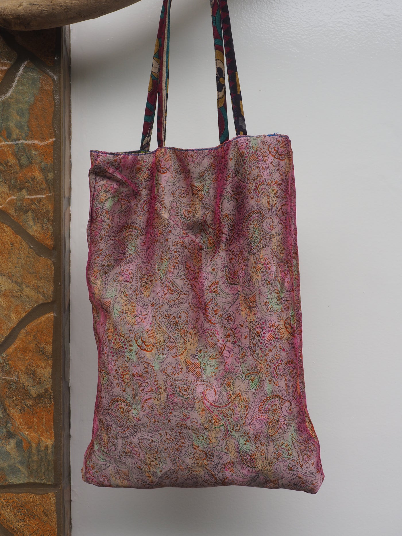 Small Reversible Silk Bag - Green & Pink