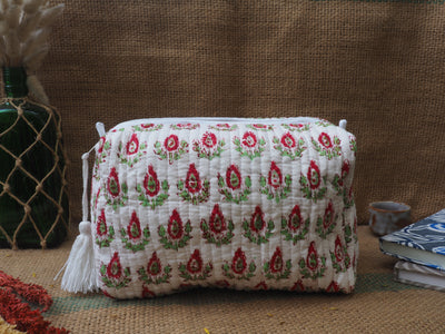 Indi Pouch Medium - White, Red & Green Flowers IPM04